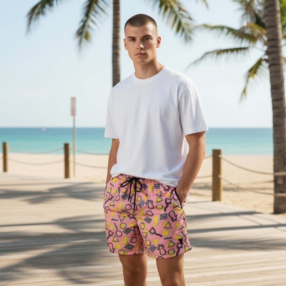 Classic Coastal Beach Bros Retro 80s Geometric Tropical Pineapple Swim‎ Trunks M